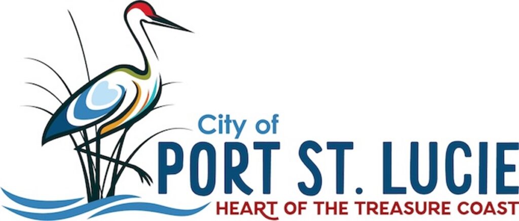 City of Port St. Lucie official logo with a stylized heron above blue waves and the tagline 'Heart of the Treasure Coast'.